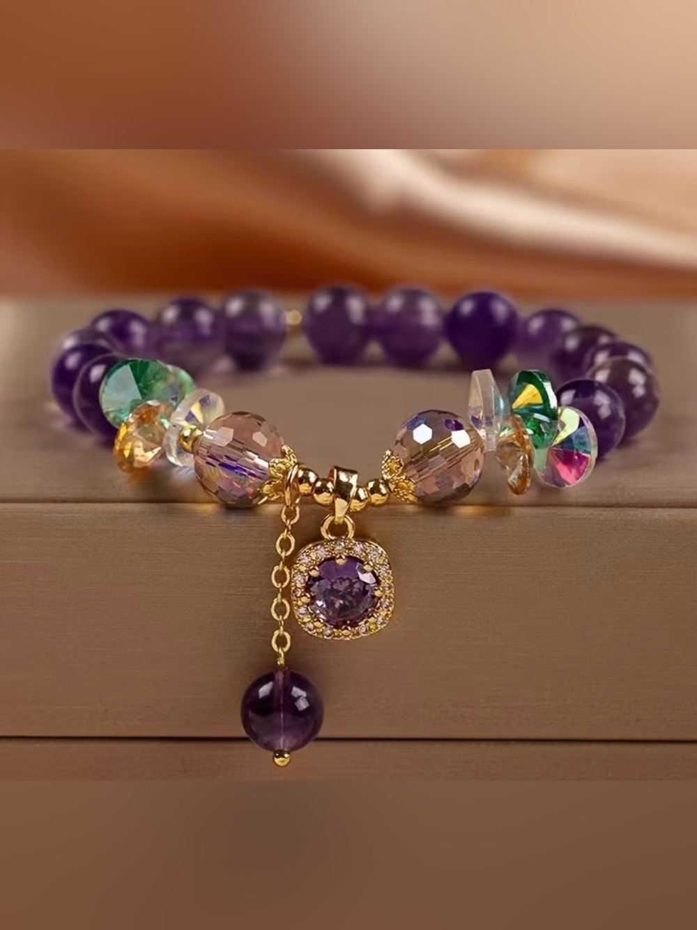 Gold-Accent Purple Amethyst Beaded Charm Bracelet